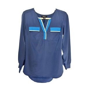 Style & Co Small Tunic Blue Bishop Sleeve Accent Pockets Round Hem V Neckline
